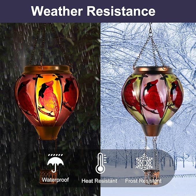 Cardinal Bird Hot Air Balloon Solar Lantern Lights, Solar Hot Air Balloon Flickering Flame Hanging Garden Light Candle LED Glass & Metal Outdoor Waterproof Lanterns Porch Yard Decor, Gift for Mom