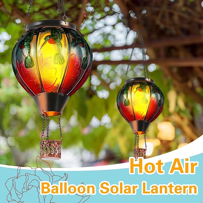 2 Pcs 20Inch Hummingbird Hot Air Balloon Hanging Solar Lantern Outdoor Garden Decor Waterproof Hot Air Balloon Flame Lantern for Lawn Porch Yard