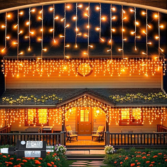 33 FT Orange Icicle Lights for Outside, 400 LED Christmas Lights Outdoor, Clear Wire Twinkle String Lights with Timer 8 Modes Waterproof for Window House Patio Yard Wedding Classroom Festival Decor
