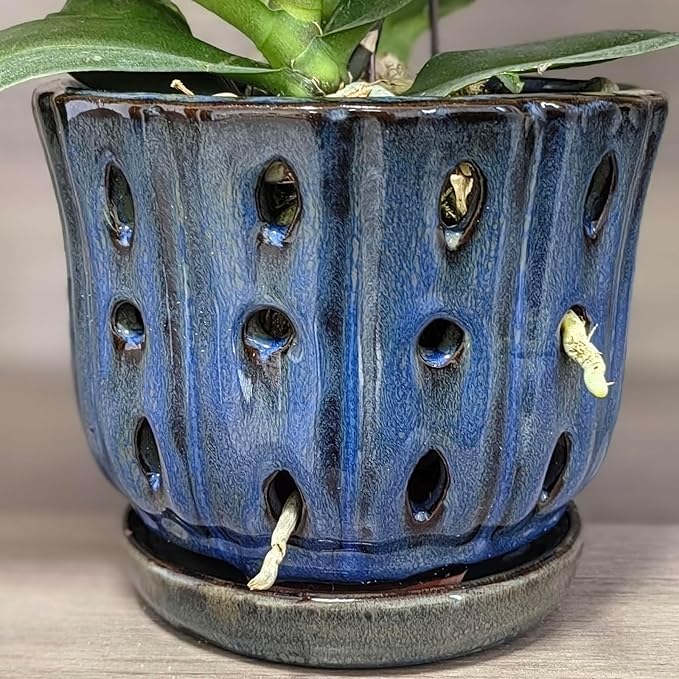 6 inch Round Ceramic Orchid Pot with Holes Orchid Planter (Dark Blue)