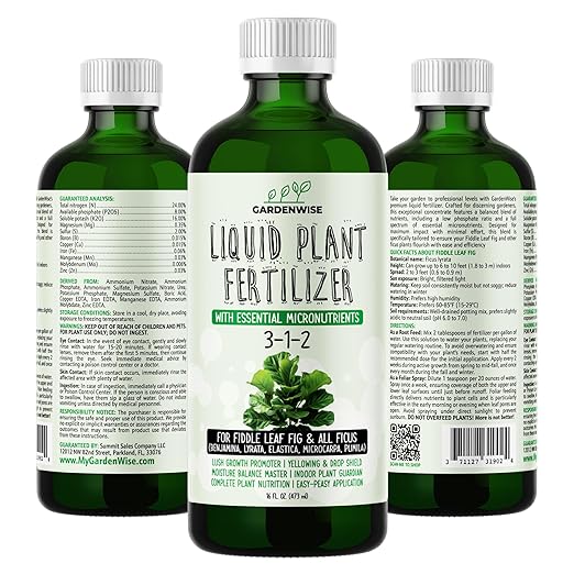 3-1-2 Liquid Fertilizer Concentrate with Micronutrients - Optimal Fiddle Leaf Fig Plant Food, Ideal for Ficus Lyrata & Fig Trees, Gold Leaf Enhanced Indoor Plant Fertilizer (32 OZ)