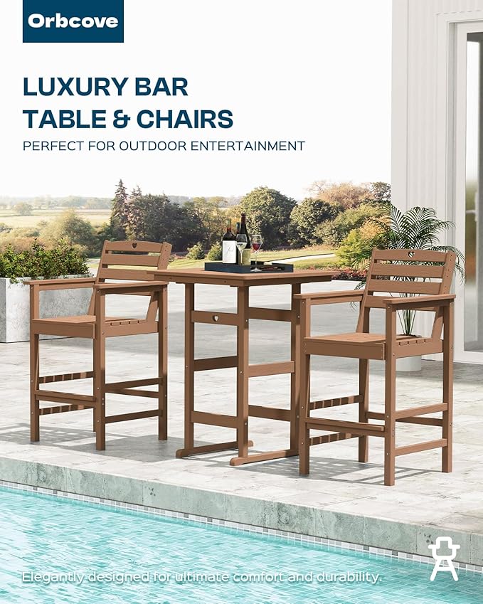 5-Piece Bar Height Outdoor Table and Chairs Set, HDPE Wood Grain Patio Bar Table and Chairs with Heart Cutout Design, Weather-Resistant Bar Height Furniture for Deck, Porch, Pool (Teak)