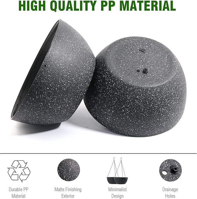 13 inch Large Hanging Planters Plant Pots for Outdoor Indoor Plants with Drainage Holes and Chain, 2 Pack Round Hanging Flower Pots for Garden Home Porch Decor, Speckled Black