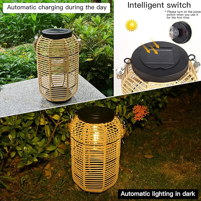 Solar Lantern Outdoor Hanging Lights, Large Solar Rattan Lantern Outdoor Waterproof with Twine Handle, Bright Outdoor Lanterns with Edison Bulb for Garden Patio Yard Tabletop Decoration