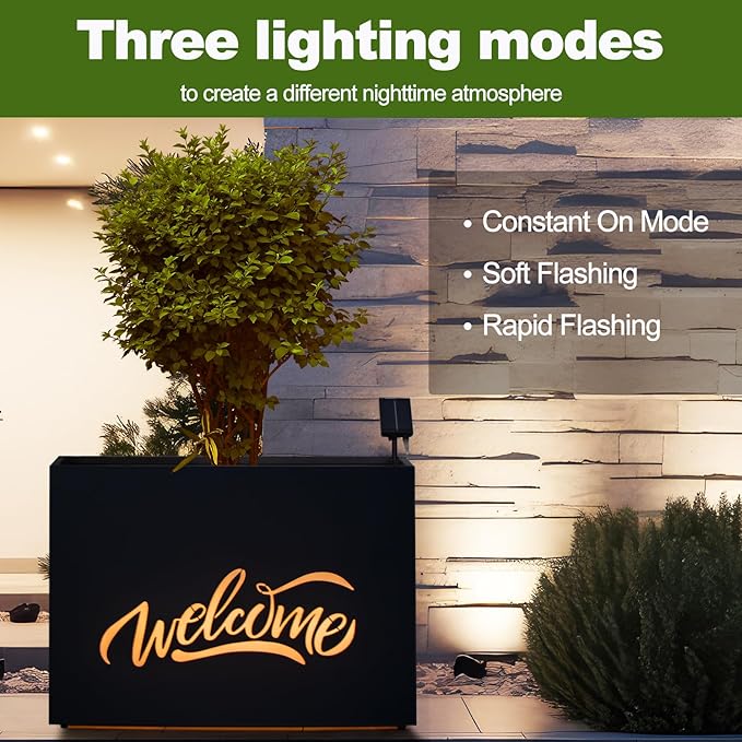 Metal LED Planter Box Rectangular Block - Galvanized Steel Long Planters Box with Solar Light Outdoor All-Weather Use with Drainage Holes for Cafe Bar Mall Store Patio/Porch/Entrance, 35.5×24×12IN