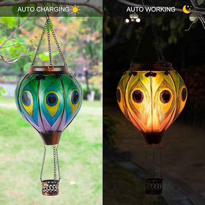 Peacock Hot Air Balloon Hanging Solar Lantern Lights, Flickering Flame Solar LED Candle Lights Outdoor Garden Decorative Metal & Glass Waterproof Lanterns for Yard Patio Farmhouse Decoration