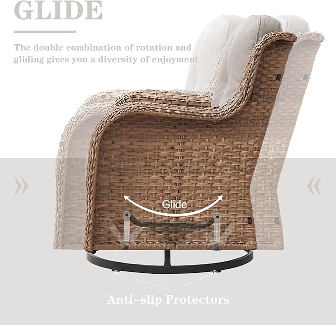 4 Pieces Patio Furniture Sets, Wicker Patio Swivel Glider Chair with Ottomans, Outdoor Furniture Set for Outside Porch, Deck, Balcony, Garden, Yellow