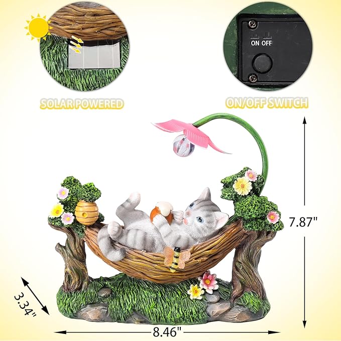 Afirst Solar Cat Statue Garden Figurine, Resin Figurine with Solar Lights Outdoor Decorations for Lawn, Patio, Balcony, Yard Ornament