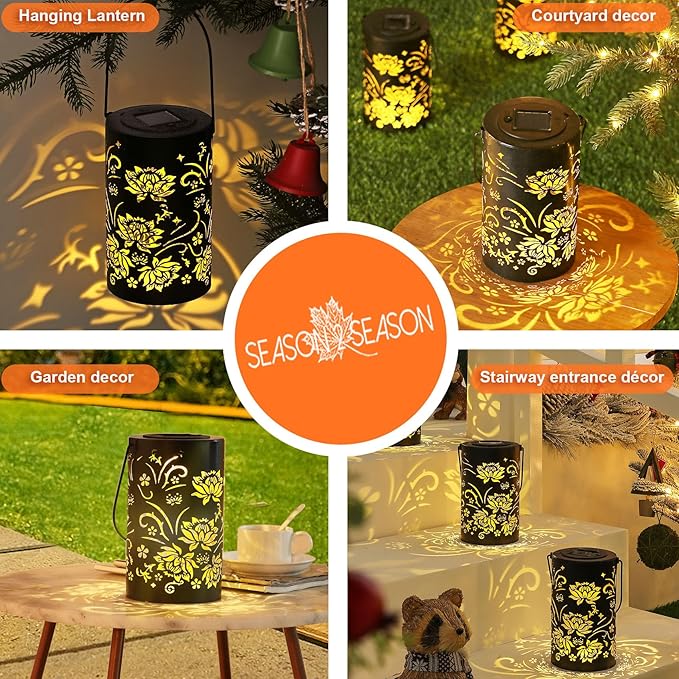 Solar Lanterns Outdoor Hanging Waterproof Metal Lotus Pattern Lanterns for Garden Patio Yard Lawn Front Porch Decor as Birthday Gifts for Mom Grandma Women