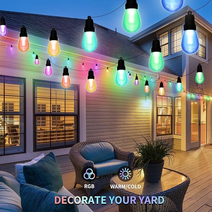 Outdoor String Lights 27FT, Outdoor Lights for Patio with 10 Dimmable RGBW LED Bulbs, IP66 Waterproof Shatterproof, with APP Control & Remote, 24V Adapter Color Change,for Backyard Decor