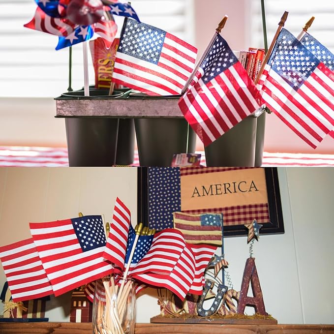 100pcs Small American Flags on Stick, Handheld 8 x 5.5 Inchs Mini American Flags with Kid-Safe Golden Spear Top, US Flags for 4th of July Decorations Outdoor, Independence Day Decorations