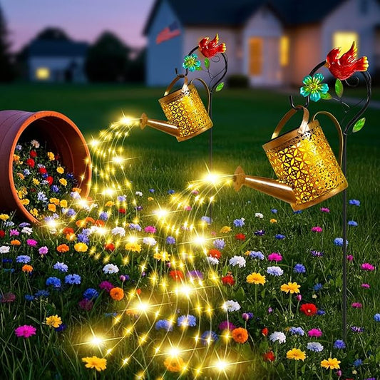 Solar Lights Outdoor, Watering Can with Cascading Lights, Watering Can with Hook Solar Lantern, Gardening Decor for Yard Patio, Gardening Gifts for Mom Grandma Women (2 Pack)
