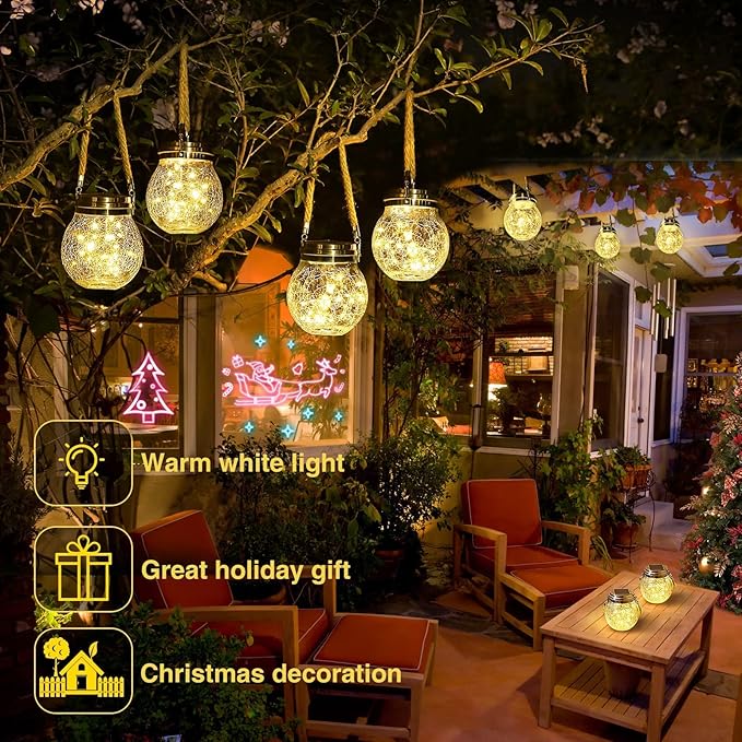 ROSHWEY Solar Lantern, 2 Pack Garden Decor Lights Waterproof Outdoor Lanterns with 30 LED Solar Lights Patio Hanging Lights for Backyard Fence Pathway Porch Christmas Decorative, Warm White