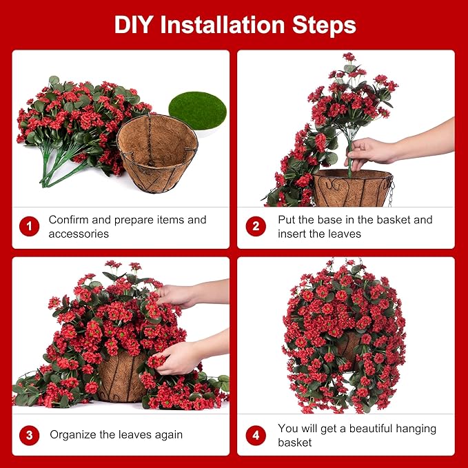 Hanging Baskets Artificial Flowers for Outdoor Interior Decor, Artificial Daisies Flowers Shrubs Plants with Baskets for Home Porch Garden Patio Patio Spring Summer Decor(Red)