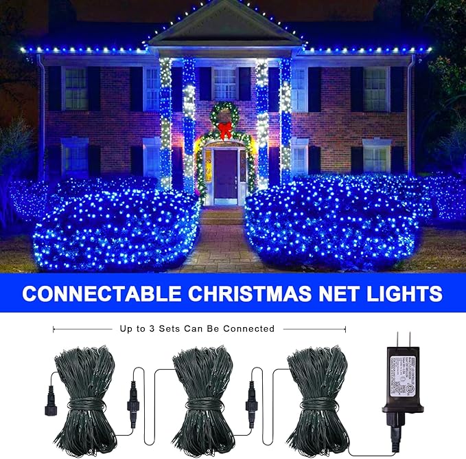 JMEXSUSS 360 LED Blue Net Lights Outdoor, Connectable 12ft x 5ft Christmas Net Lights Plug in with Remote, 8 Modes Waterproof Christmas Mesh String Lights for Bushes Christmas Decorations