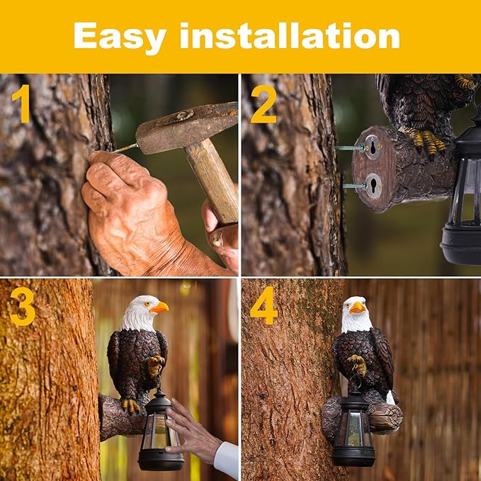 Eagle Tree Hugger with Solar Lantern - 8 Inch Resin Eagle Statue for Outdoor Garden Decor - Ideal Eagle Housewarming & Birthday Gifts for Grandma Mom Women