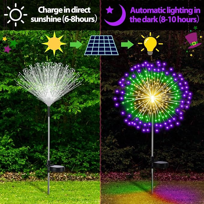 4th of July Decorations Outdoor 4 Pack Solar Power Yard Firework Lights Patriotic Garden Waterproof Solar Lights with 180 LED 8 Modes for Independence Day Party Decoration(Green, Yellow, Purple)