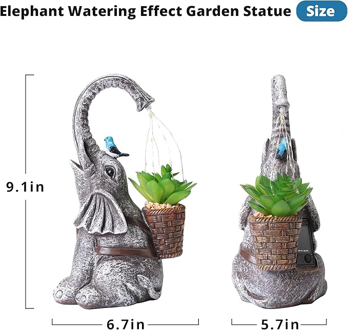 Solar Elephant Watering Effect LED Lights Garden Statue, Outdoor Garden Decor for Lawn, Balcony, Yard, Gifts for Mom, Grandma, Wife