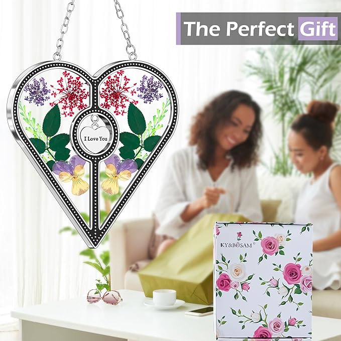 KY&BOSAM Heart Suncatcher I Love You Glass Panels for Window Hangings Wind Chime with Pressed Flower Heart Embedded in Glass Mom Gifts Birthday Gifts for Women Mother`s Day Valentine`s Christmas Decor