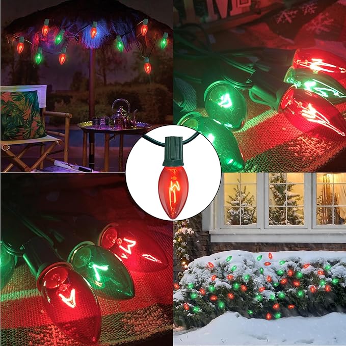 25ft Red and Green Outdoor Christmas Lights,C9 Vintage Christmas String Lights With 26 Red Green Bulbs(1 Spare),Waterproof Hanging Christmas Lights for Roofline Christmas Tree Backyard Decor