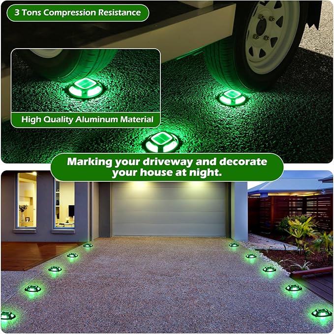AGPTEK Solar Driveway Lights Outdoor 12 Pack, 2 Color Modes LED Deck Dock Marine Waterproof Security Marker Lights for Step Sidewalk Stair Garden Pathway Walkway Yard(Green/Red)