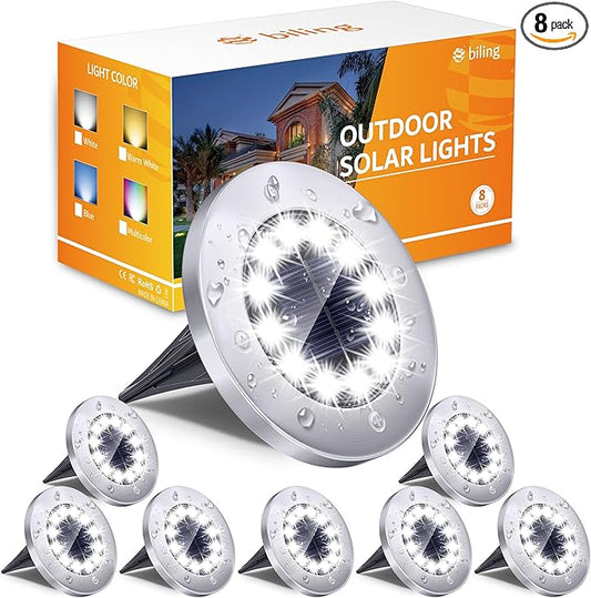 Biling Solar Ground Lights Outdoor 8 Packs, Bright 12 LEDs Solar Lights Outdoor Waterproof, Flat Landscape Lights Solar Powered for Yard Walkway Garden Driveway (White)