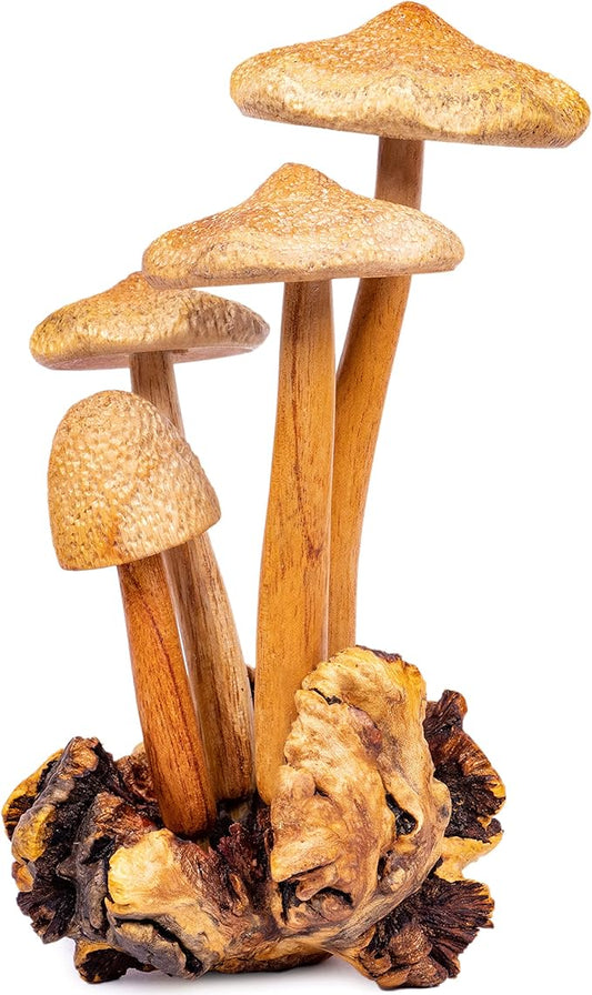 Curawood Wooden Mushrooms Sculpture for an Ornate Touch - Handcrafted 9" Mushroom Statue with Intricate Details - Authentic Garden Mushrooms Decorative Centerpiece - Artisan Cottagecore Mushroom Decor