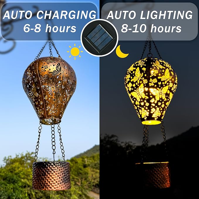 2-Pack Butterfly Decor Hot Air Balloon Solar Lantern – Outside Decorative Hanging Light for Garden Yard Patio Porch Lawn and Pathway – Unique Housewarming, Birthday Gift for Women Mom Grandma