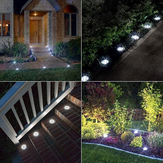 ODEETRONIC Solar Ground Lights, 12 Packs 8 LED Solar Disk Lights, Outdoor in-ground Light Waterproof, Round Solar-Powered Puck Light Flat Lamps for Landscape Pathway Yard Garden Walkway, Cool White