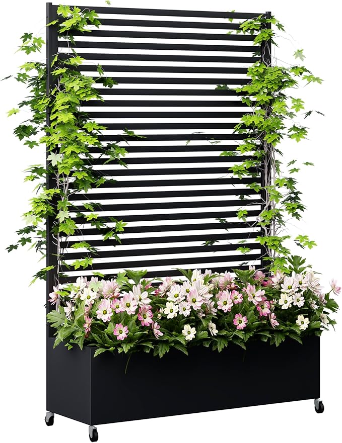 Metal Planter Box with Trellis Privacy Screen, Raised Garden Bed with Trellis & Wheels, Privacy Planters for Patio, Planter Box with Drainage Holes for Climbing Plants, Flower, 73"x 47"x 16", Black