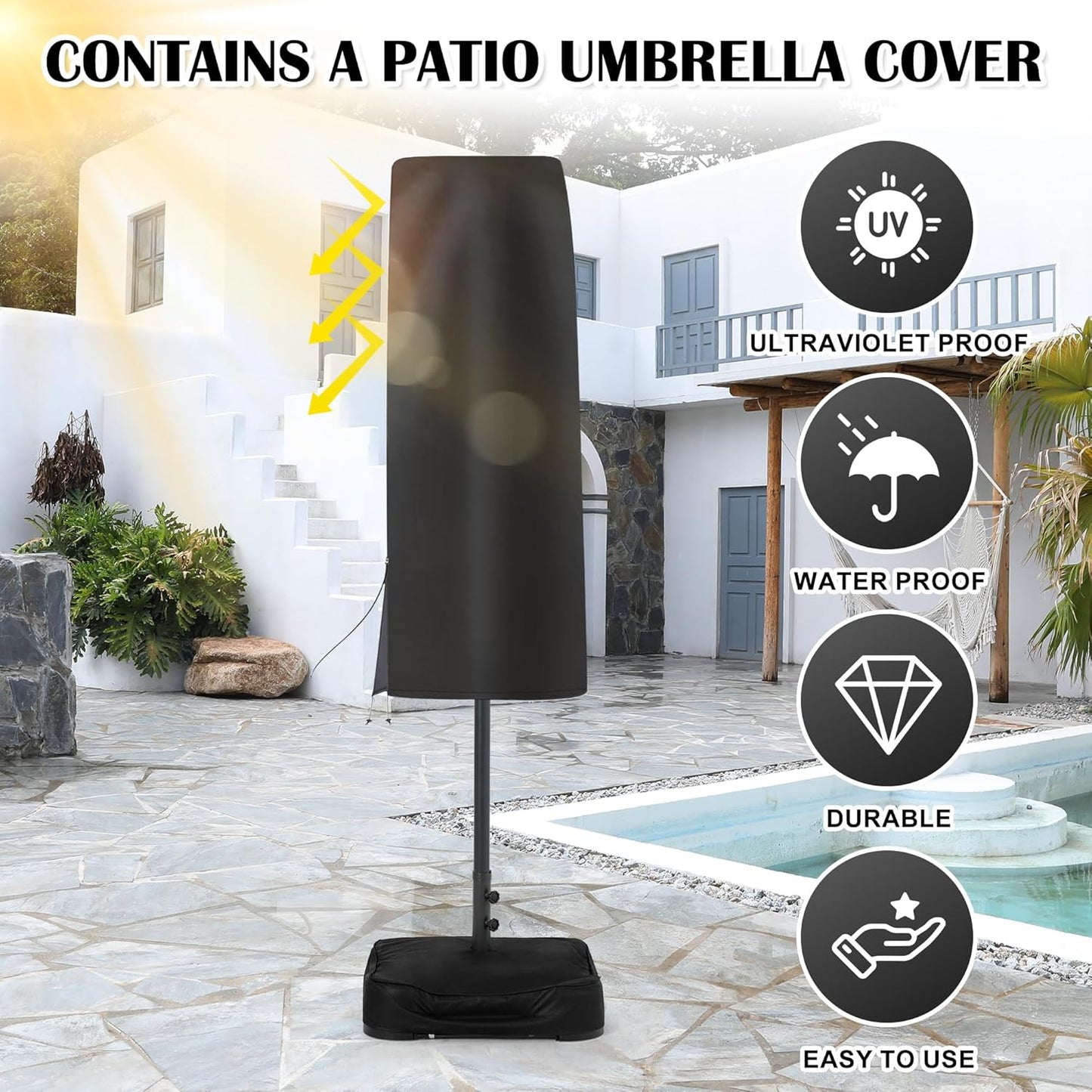 Sundale Outdoor Solar 144 LED 15 ft Patio Umbrella with Sandbag Base Included and Cover, Outdoor Double-Sided Umbrella, Red