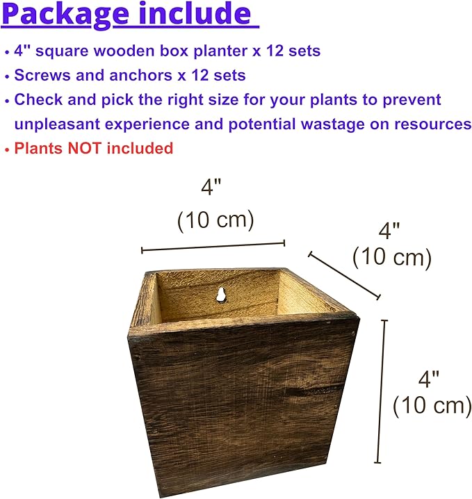 LaLaGreen Indoor Planter Box for Plants (12 Pack, 4x4 Inch) Small Square Wooden Wall Mounted Planters Wood Window Boxes Hanging Flower Pot Plant Holder Outdoor Herb Modern Vertical Garden Home Decor