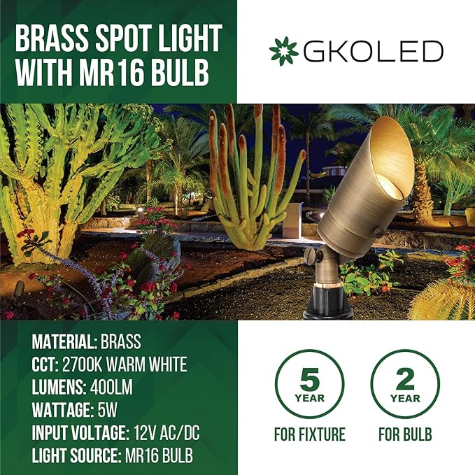 GKOLED 12 Pack Brass Landscape Spotlight, LED Low Voltage Landscape Lighting, Outdoor Adjustable Lights for Yard Wall Lawn Tree Patio Garden, Waterproof Directional Up Light with 5W MR16 Bulb