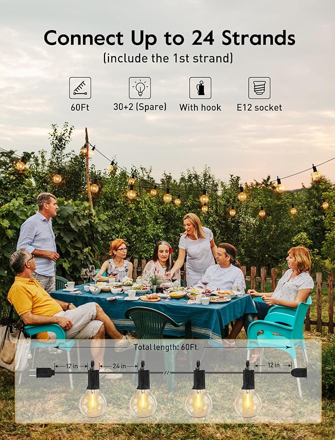 Outdoor String Lights 60 Feet G40 Globe Patio Lights with 32 Edison Shatterproof Bulbs(2 Spare), Waterproof Connectable Hanging Christmas Light for Backyard Porch Balcony Party Xmas Decor