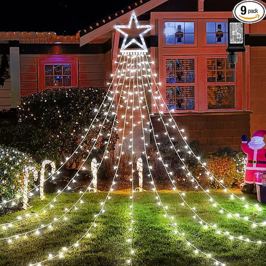 BlcTec Outdoor 317 LED Waterfall Tree Lights, 9 Strands with Timer - 8 Modes, Waterproof Christmas Lights for Garden, Patio, Yard Decor - Cool White