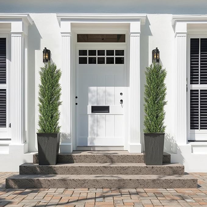 THE BLOOM TIMES 6ft Tall Topiary Trees Artificial Outdoor – UV Resistant Faux Cedar Pine Cypress Bushes and Shrubs, Fake Potted Plants for Front Porch Outside Planter Patio Decor, Set of 2 (6 Foot)