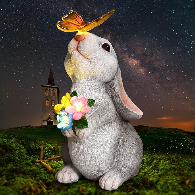 SIX FOXES Solar Garden Rabbit Statues Light - Easter Bunny Decor for Garden, Lawn, Patio, Balcony, Yard Ornament, Gifts for Kids, Women, Mom