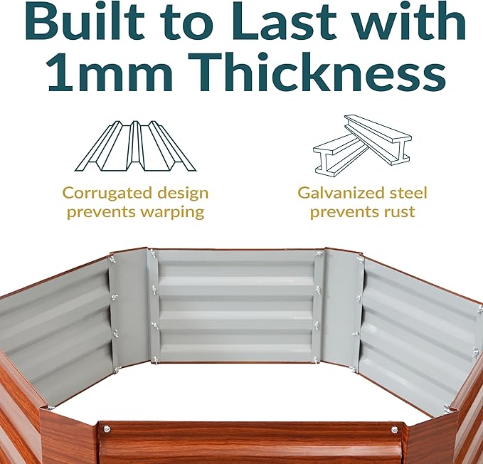 Sunnydaze 11.75" H Raised Metal Garden Bed - Galvanized Raised Garden Bed Outdoor for Vegetables and Flowers - Woodgrain - Hexagon
