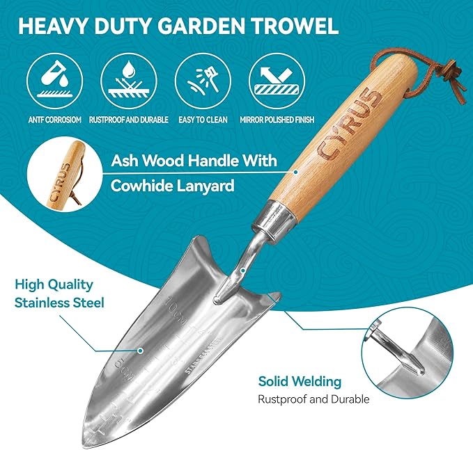 CYRUS 12.4”Garden Shovel,Heavy Duty Small Stainless Steel Garden Trowel with Ash Wood Handle,Suitable for Planting,Measuring,Weeding Multi-Purpose Garden Spade