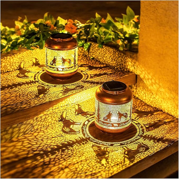 Wolf Solar Lanterns Outdoor Waterproof Hanging Solar Lights Wolf Gifts for Women Men Mom Metal Decorative LED Outdoor Lanterns for Patio, Lawn, Landscape, Garden Decor, Yard Decorations