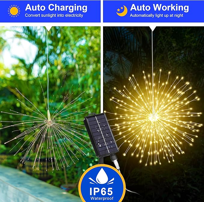 Solar Firework Lights Outdoor, 1000 LED Starburst Light Outdoor with USB Rechargerable, 8 Modes Waterproof Solar Hanging Lights for Gazebo Yard Party Wedding Decorations (Warm White, 1000 LED)
