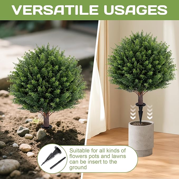 Artificial Cedar Topiary Ball Tree 23" with Ground Spike, Set of 2 Artificial Boxwood Bushes for Faux Shrubs, Fake Evergreen Faux Plant for Indoor Outdoor Porch Garden- UV Resistant – Fade-Proof