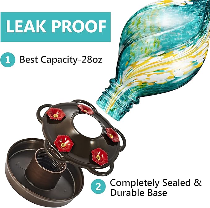 LUJII Ice Cream Shaped Spiral Hummingbird Feeder for Outdoors Hanging, Hand Blown Glass, 28 fl.oz, Leak Proof & Rustproof, Includes an Ant Moat with Hook, Unique & Stylish Glass Art & Decor (Teal)