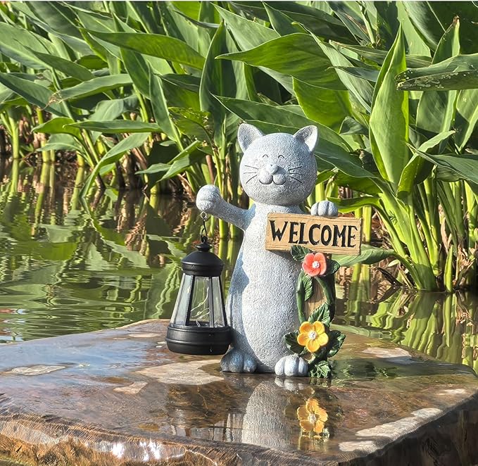 Solar Cat Statue with Solar Lantern-Outdoor Garden Décor, LED Lighted Kitty Figurine for Patio, Lawn,Yard-Valentine's Day, Birthday Gifts for Mom,Grandma,Cat Lovers