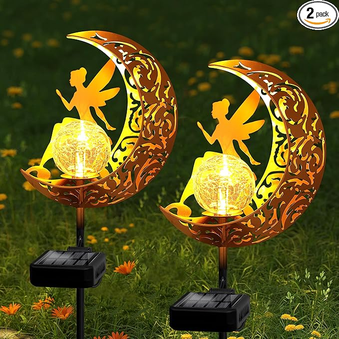 ZNYCYE Fairy Garden Lights,Decorative Solar Stake Crackle Glass Globe with Moon Fairy Decor, Pathway Stake Lights Waterproof for Walkway, Yard, Lawn, Patio or Courtyard (2 Pack)