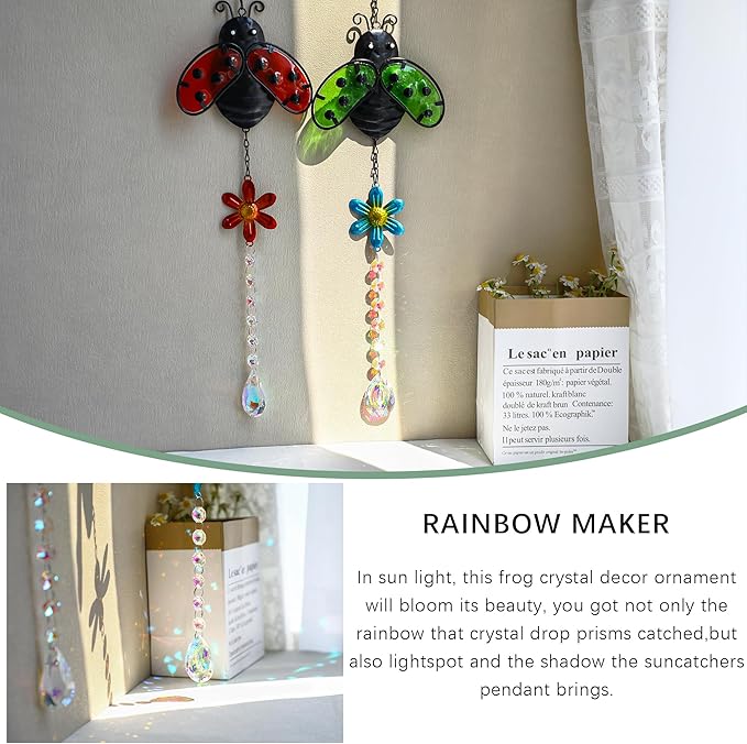 19'' Crystal Garden Suncatcher Decor Set 2 Stained Glass Metal Ladybugs Window Hanging Crystal Prisms Suncatcher for Outdoors Rainbow Maker (Red & Green)