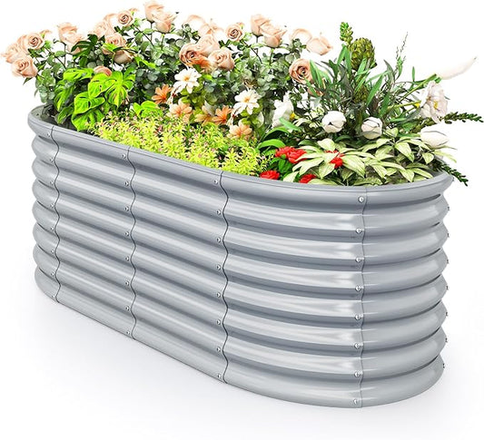 Giantex 5x3x2ft Raised Garden Bed, Large Metal Elevated Oval Planter Bed, 193 Gallon Capacity, Outdoor Planting Garden Box for Vegetable Flower Herb Grow (Grey)