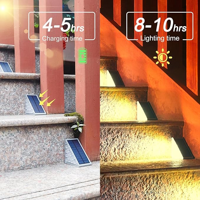 Solar Step Lights 6-pack with Solar Outdoor Stair,Porch,Patio,Yard,Deck & Pathway Adjustable Brightness (Warm White)