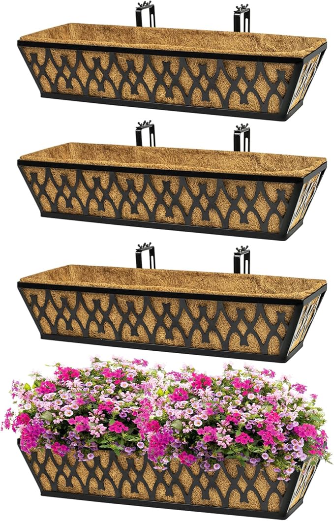 4 Pack 24 Inch Window Boxes Planters for Outdoor Plants Railing Planter Box with Adjustable Brackets for Windowsill Porch Fence Patio Hanging Flower Coco Baskets for Outside Decoration - Black