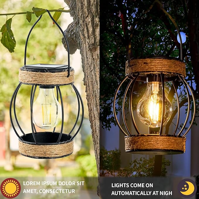 Solar Outdoor Lanterns,Hanging Solar Lights Outdoor Waterproof Metal Solar Table Lights Solar Powered Lanterns Decorative Tree Lanterns Outdoor Lamp for Patio Garden Yard Pathway, 2 Pack